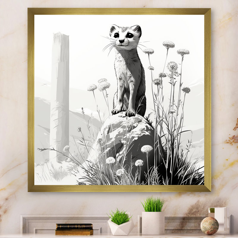 «Grey Meadow», art mural Meercat rétro, Cadre doré simple, H 36 po x l 36 po x P 1,5 po