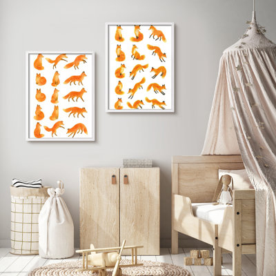 Watercolor Foxes Framed Print Wall Art Set - 2-Piece Playful Animal Illustrations in Orange Tones, Whimsical Nature-Inspired Artwork for Kids’ Room or Nursery Decor