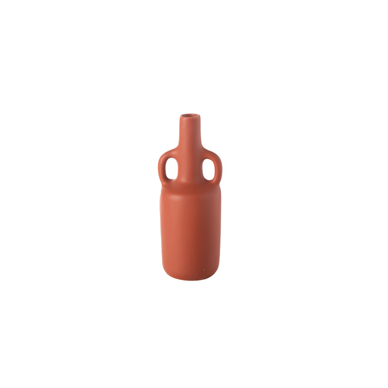 Ceramic Round Bottle Vase with Side Ring Handles Design SM Matte Finish Cider Orange..3.25"x3.00"x8.00"H