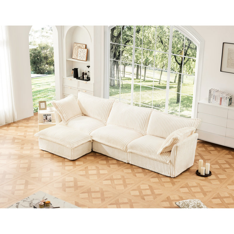 Comfy Cloud, 3 places, velours côtelé crème, siège profond avec option luxueuse pour la maison, coussin, Velours côtelé crème