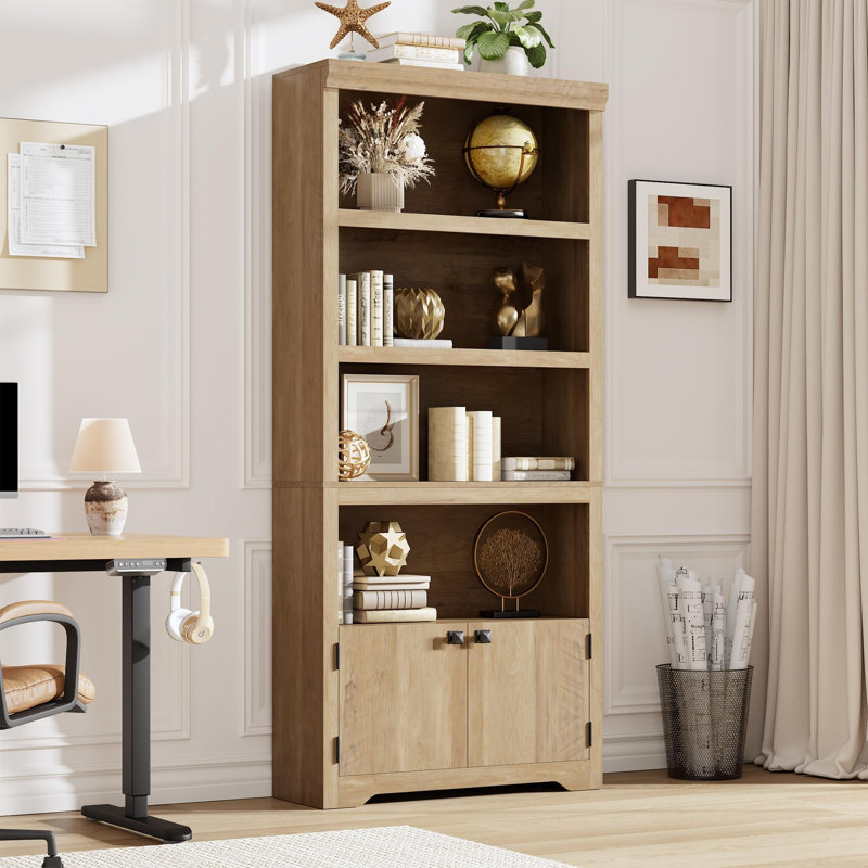 Bibliothèque à 5 niveaux, bibliothèque de style campagnard avec 2 portes, H 68,7 po x l 31,5 po x P 11,6 po, Brun