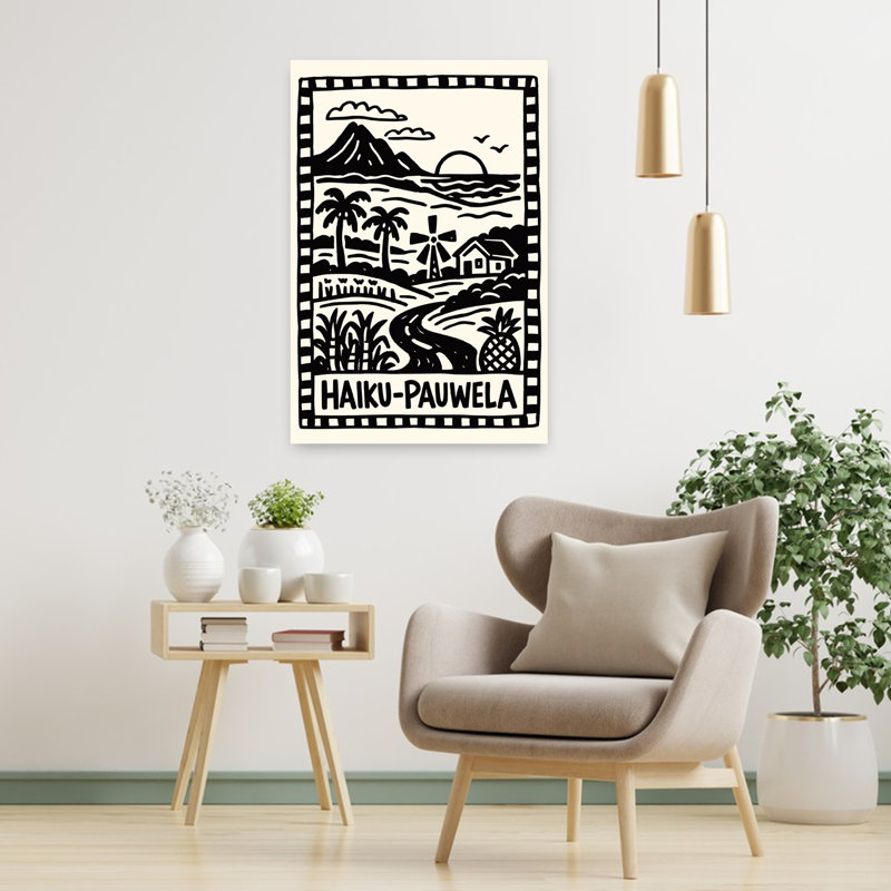 Vue sur l'île de Haiku, île de Paouela, palmier abstrait, paysage, océan, art mural