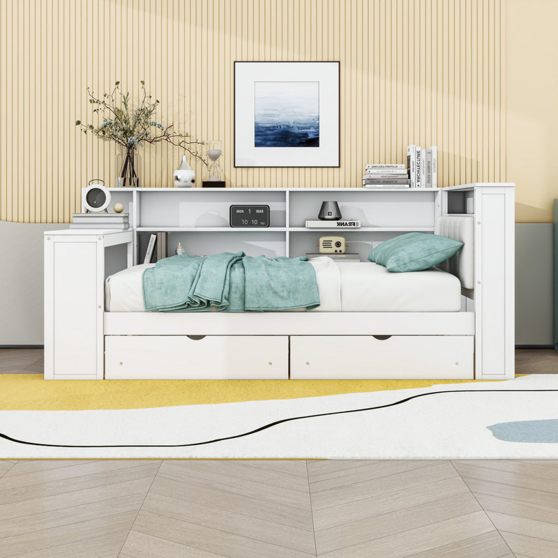 Lit plateforme en bois avec tablettes, station de recharge, bureau et 2 tiroirs, Complet/Double, Blanc