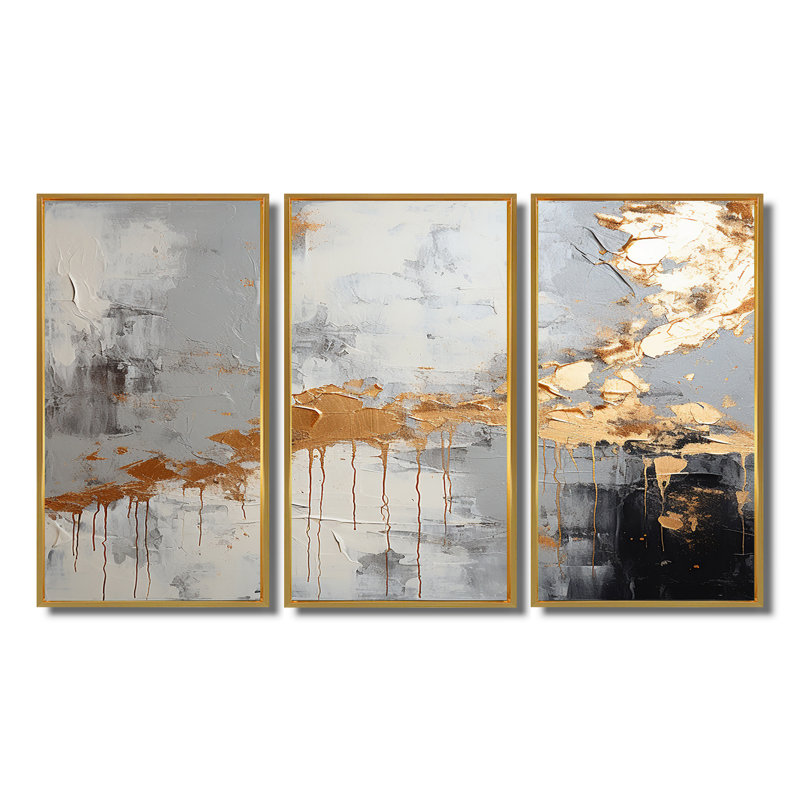 Aminah - Ensemble d'art mural abstrait, Cadre flottant doré, H 40 po x l 60 po x P 1 po