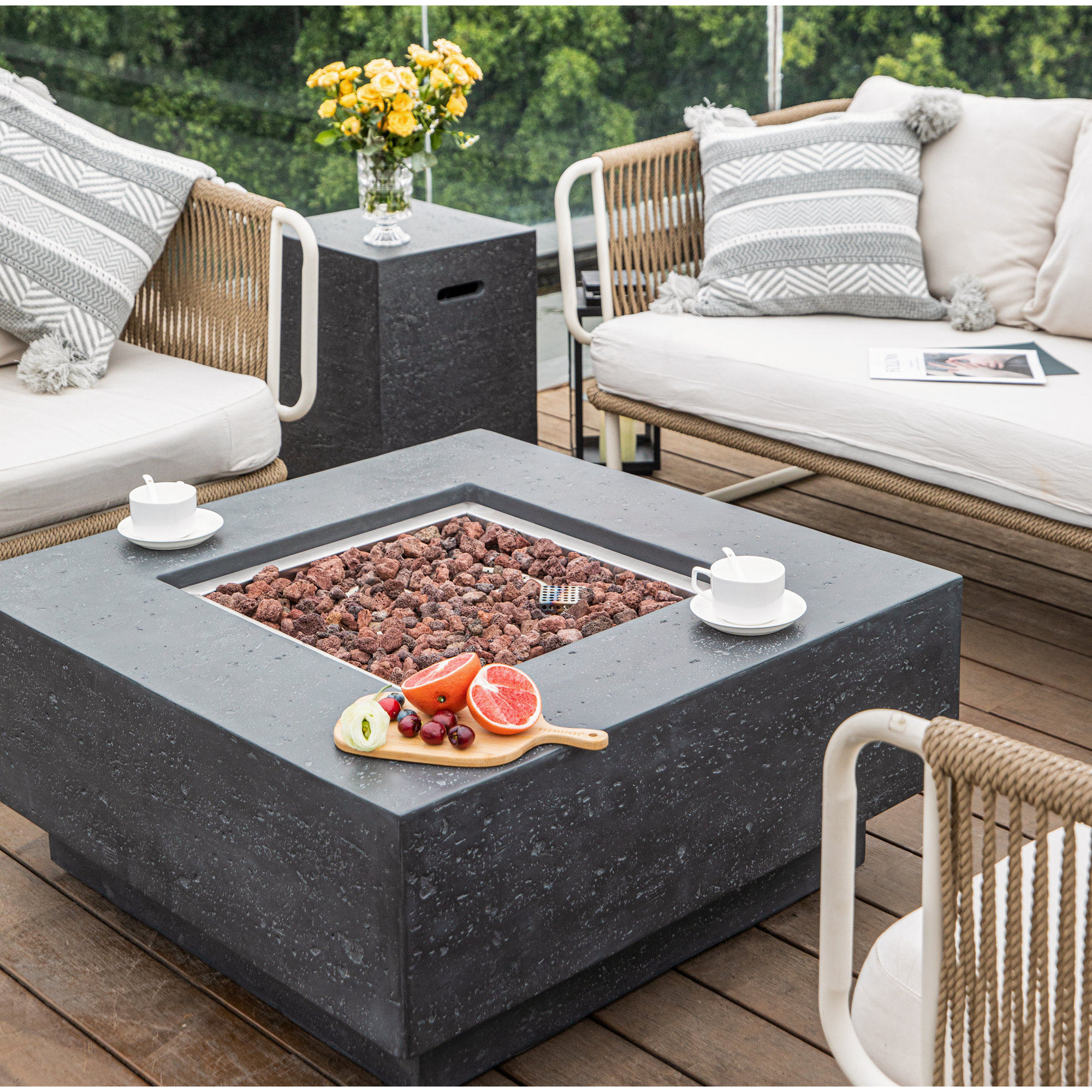 Manhattan 36" Outdoor Concrete Fire Table 45,000 BTU - Includes Lava Rocks & PVC Cover, Natural Gas, Dark Gray