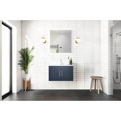 30 po Meuble-lavabo bleu marine avec comptoir en quartz blanc, robinet, miroir à DEL - et meuble-lavabo à conception fonctionnelle x P 22 po