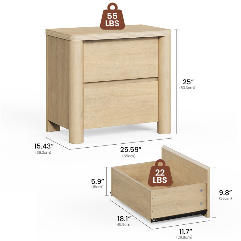 Table de chevet moderne avec table de chevet en bois incurvée de 25,6 po de hauteur et 2 tiroirs pour chambre à coucher Abdullah Jarne