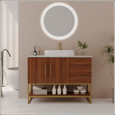 Meuble-lavabo moderne de 36 pouces avec lavabo vasque en céramique et accents dorés, armoire autoportante pour un rangement élégant