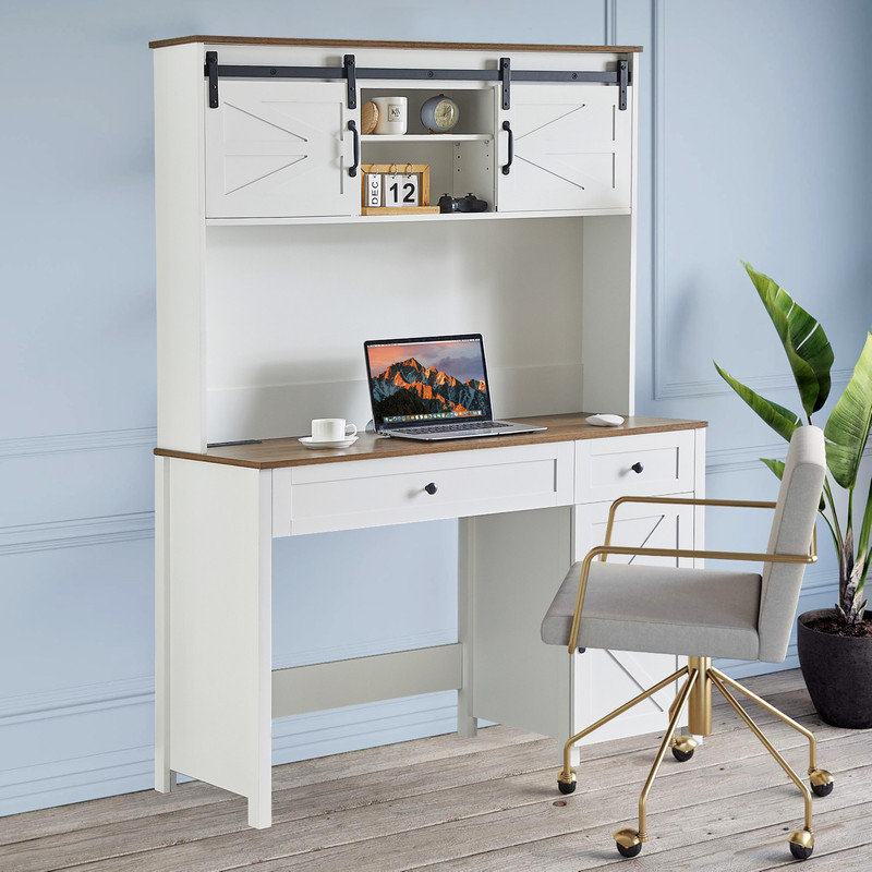Multi-function 47" Farmhouse Executive Desk, Computer Desk with Charging Sockets, 2 Drawers, 3 Storage Cabinets and 2 Open Shelves