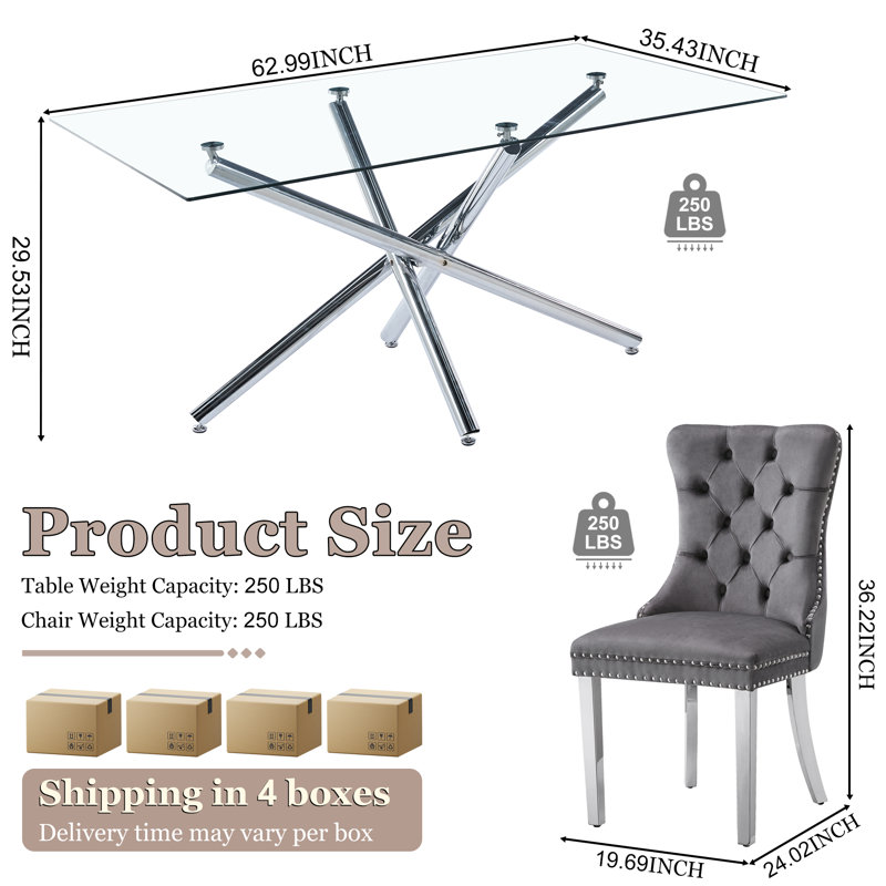 5-Piece Modern Dining Set – Rectangular Glass Table With Mirrored Metal Base & 4 Velvet Upholstered Chairs, Silver/Gray