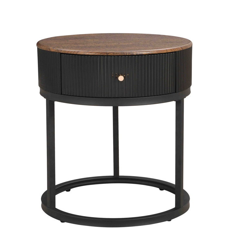 Round End Table Side Table with Drawer, Black, Black