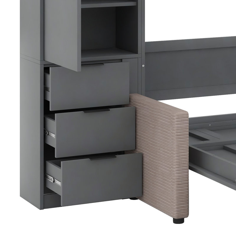 Lit escamotable avec rangement hydraulique, canapé, tablettes et tiroirs, éclairage DEL / USB, Gris/beige