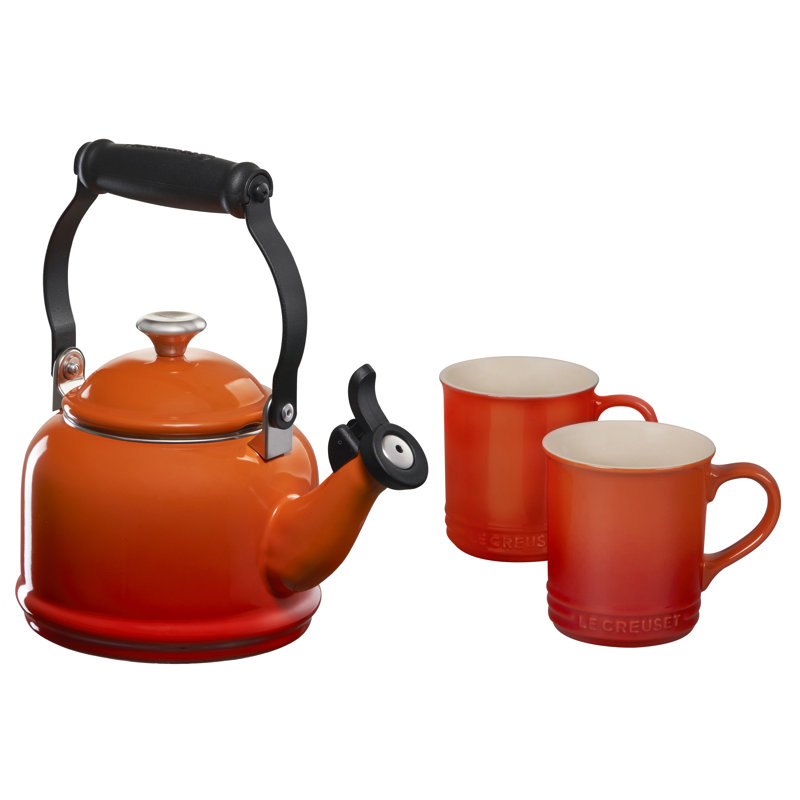 Le Creuset Demi Kettle W/ SS Knob & 2 Mug Set, Flame