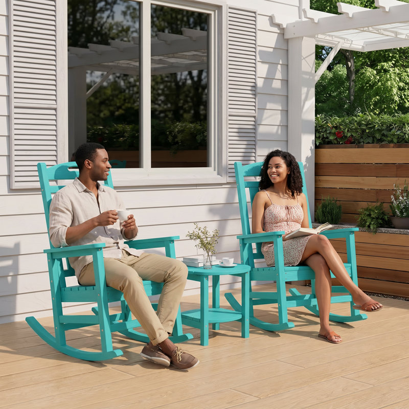 Outdoor Patio HDPE Rocking Adirondack Chair, Lake Blue