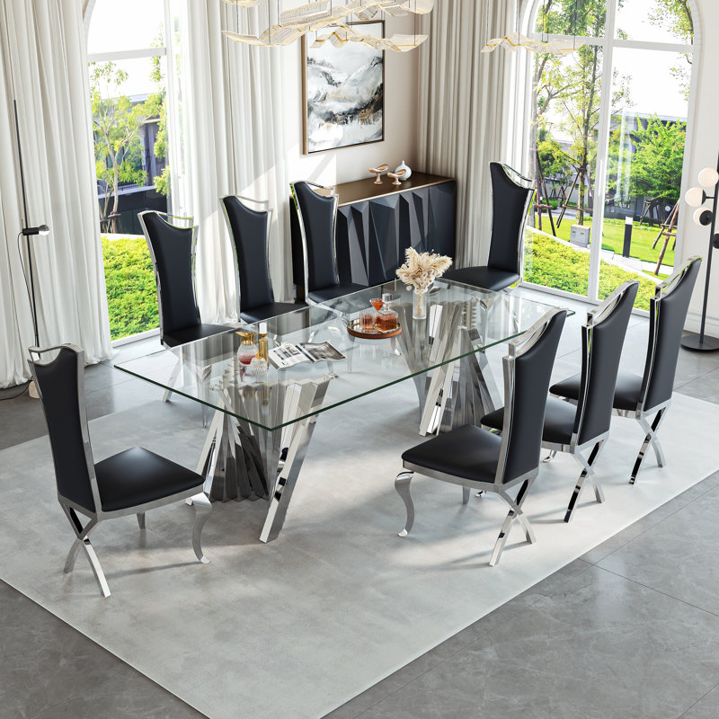 8 - Person Glass Top Double Pedestal Dining Set, Silver, Black/Silver