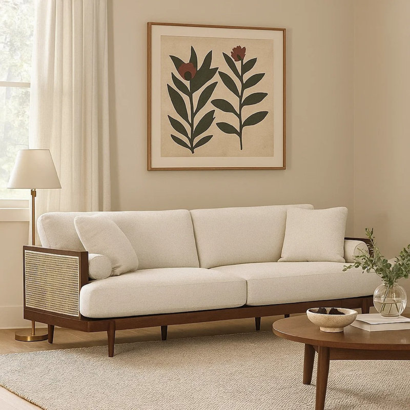 Canapé Senu, 2 coussins, coussin beige, rotin brun noyer 87 po, Noyer brun