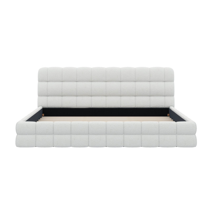 Structure de lit très grand, lit plateforme rembourré avec tête de lit, molleton berbère moelleux, design contemporain, Blanc