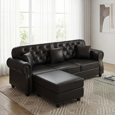 Canapé Chesterfield de 82,6 po rembourré en similicuir avec garniture cloutée et accoudoirs roulés, canapé Chesterfield de style Mid-Century capitonné, avec 3 coussins, noir