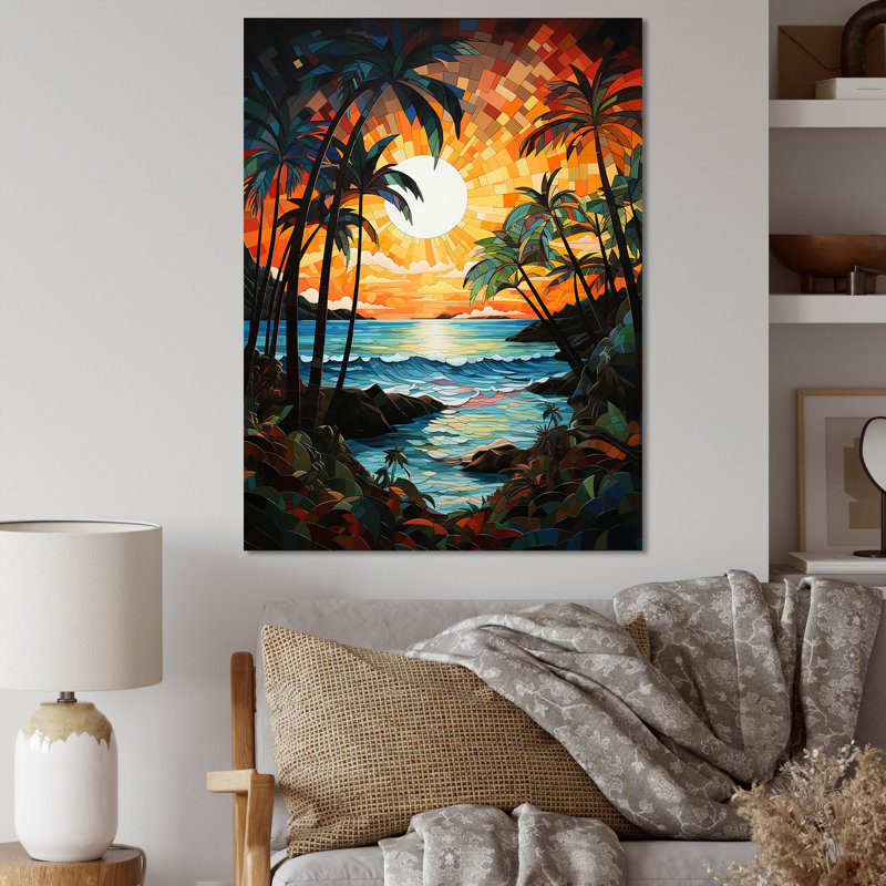 Palmier orange mosaïque IV - décoration murale florale, H 20 po x l 12 po x P 1 po, Toile tendue