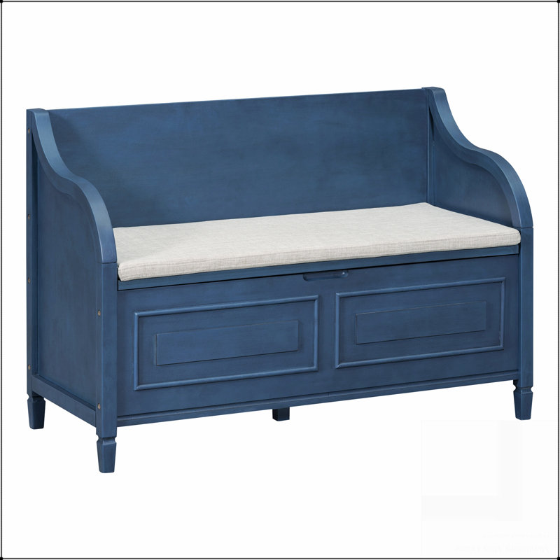 Banc de rangement multifonctionnel en bois massif avec charnière de sécurité, Bleu marine antique