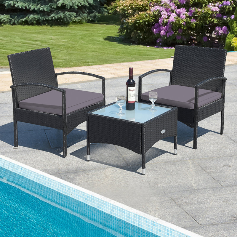 Ensemble de conversation de patio en rotin avec coussins 3 pièces, Gris
