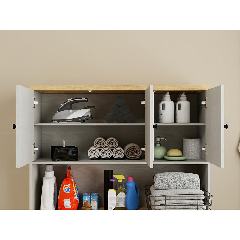 Armoire de rangement, organisateur de rangement pour salle de lavage avec 1 panier à linge, 1 tiroir et 2 tablettes réglables