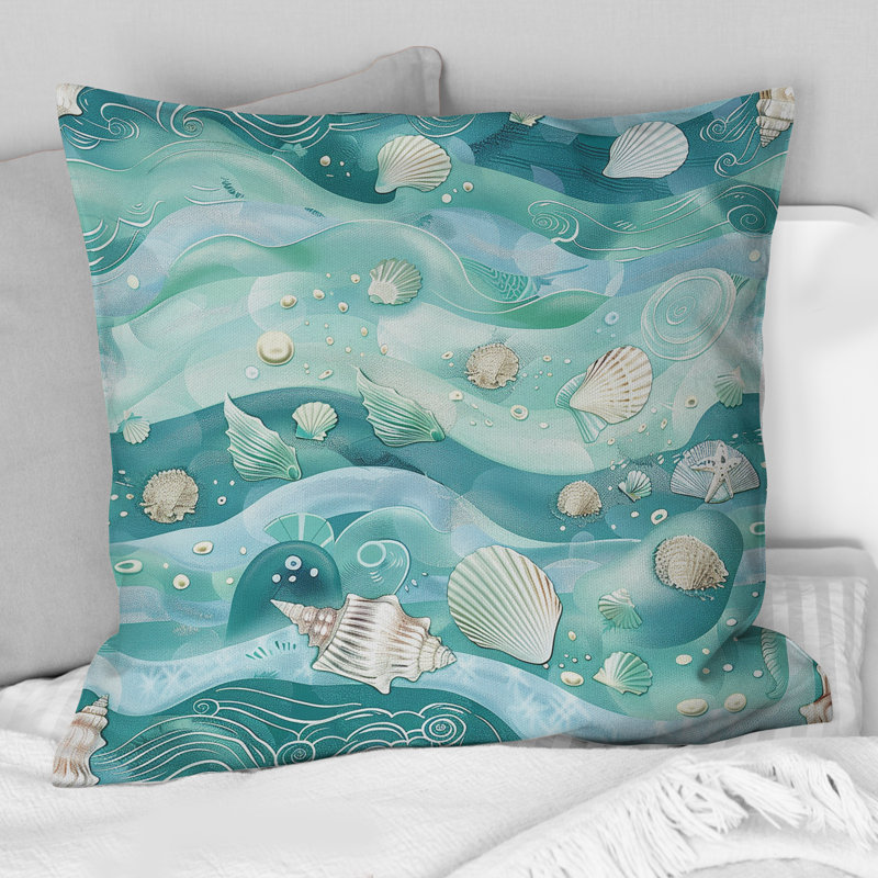 Coussin lombaire à motif de coquillage bleu crème Wave Seasures, 18" x 18", Carrée
