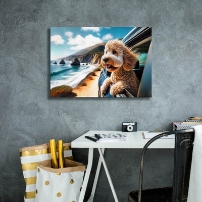 'Dog On Road Trip - Golden Doodle' by Rey Klimt Canvas Wall Art