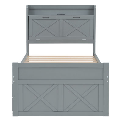 Wooden Bed With Storage Headboard With Outlets, Extendable Bed With Twin Size Trundle With Three Storage Drawers,