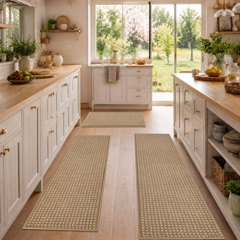 Ensemble de tapis de cuisine tissés avec envers antidérapant, résistants aux taches et absorbants, 17*29+17*48+17*59, Beige