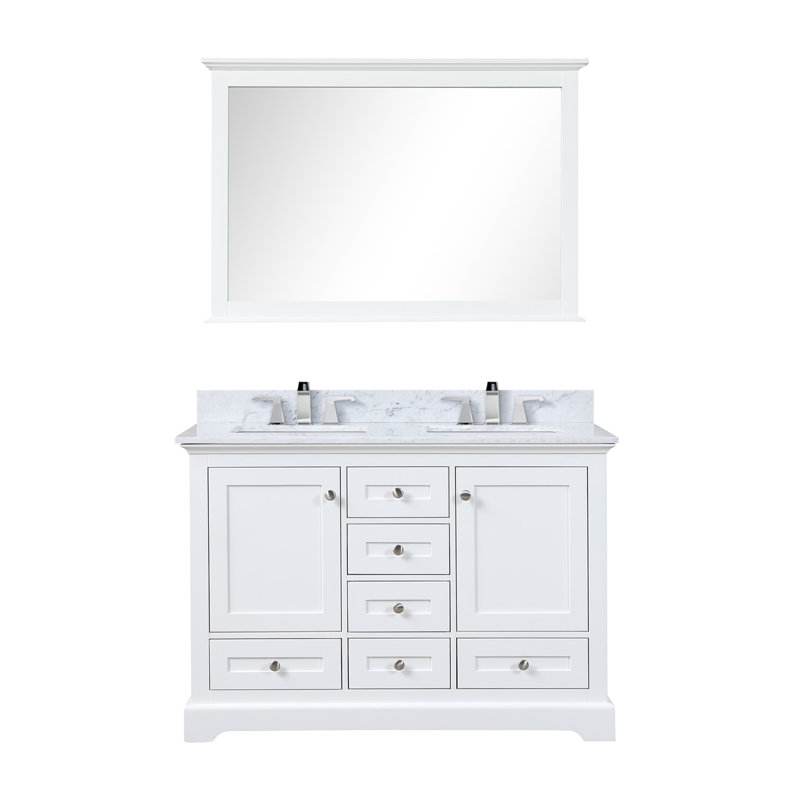Dukes 48 in. W x 22 in. D Double Bath Vanity, Faucet Set, & 46 in. Mirror, White Carrara Marble, White