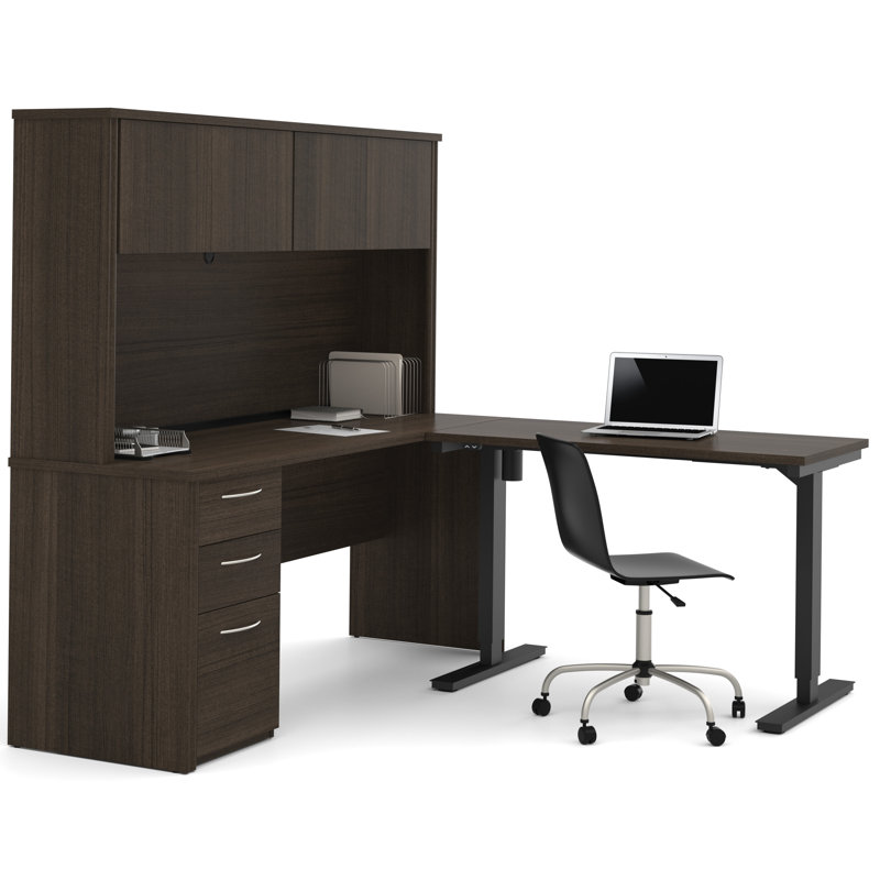 Bureau de direction en L à hauteur ajustable réversible avec rehausse Tammara, Chocolat noir