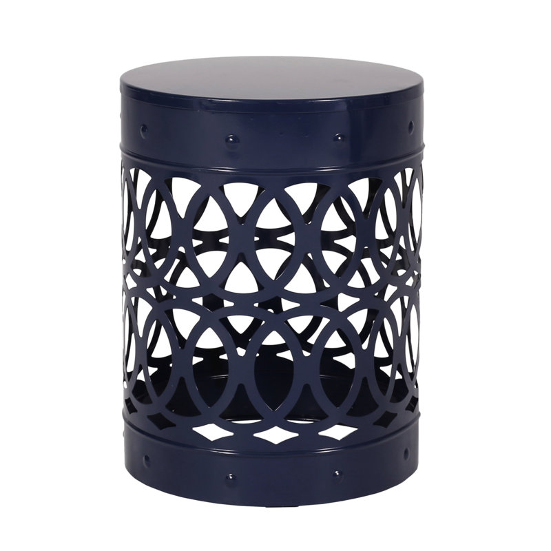 Modern Outdoor Metal Side Table - Large. Navy Blue Finish, Iron Cut. Powder-coated, No Assembly. 13.55"x13.55"x18.26", 4.62 Lb End Look With Blue. Cut, Powder-coated Frame.