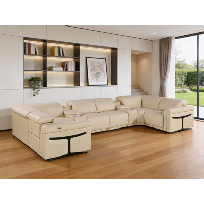 Beige Italian Leather Power Reclining U Shaped Eight Piece Corner Sectional With Console