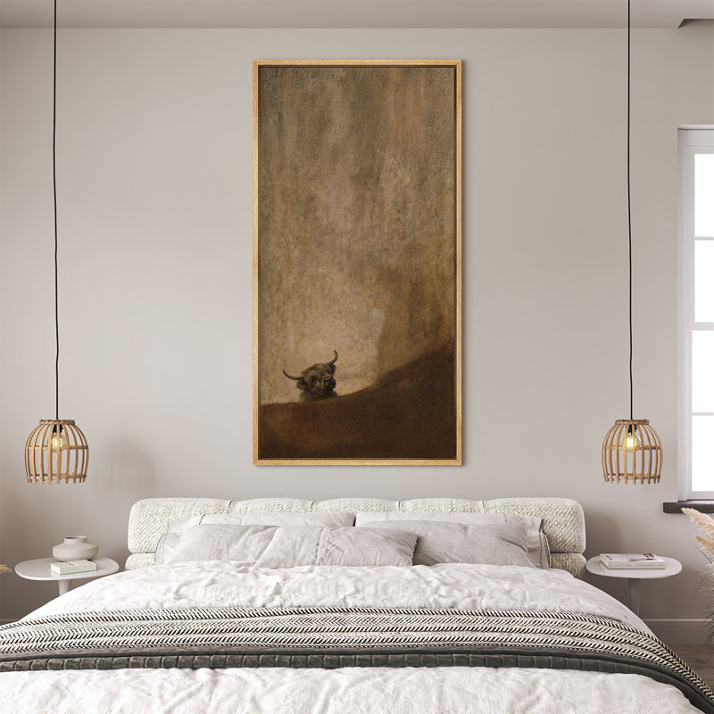 «Moody Minimal Highland Cow Rustic Farmhouse», très grandes photos encadrées, H 60 po x l 30 po, Cadre flottant naturel