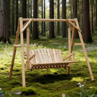 Banc de balançoire en bois 2 places, conception ergonomique, structure en «A», stable et antidérapant, balançoire de jardin en bois massif