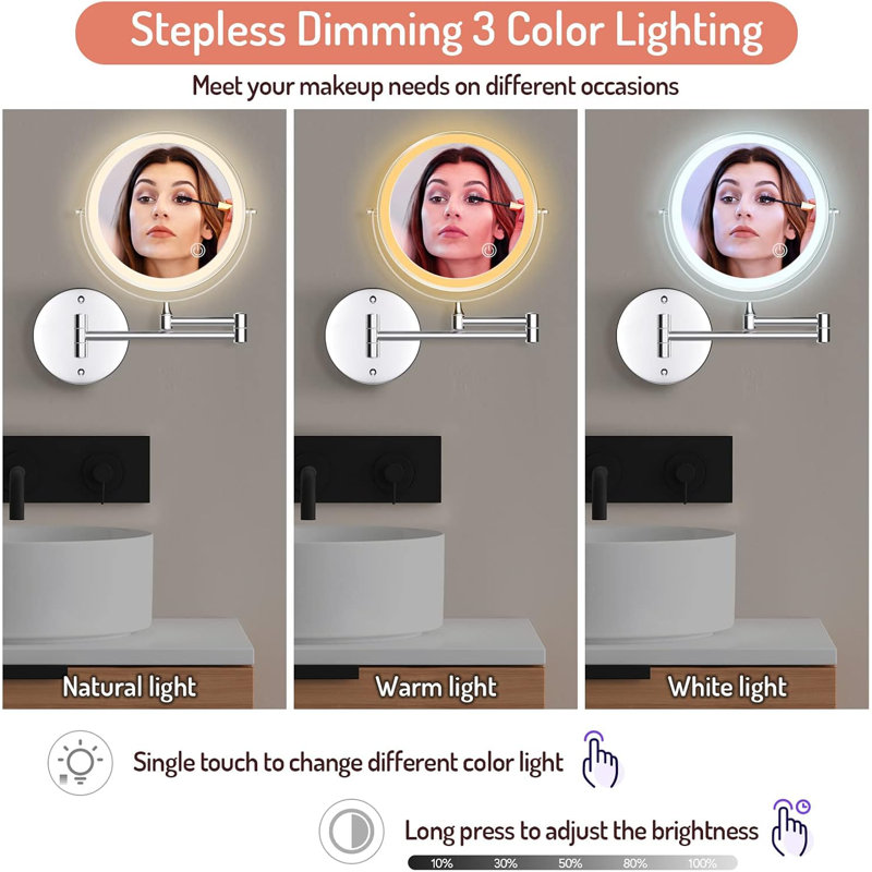 Miroir de maquillage mural rechargeable 8 "grossissant 1x / 7x