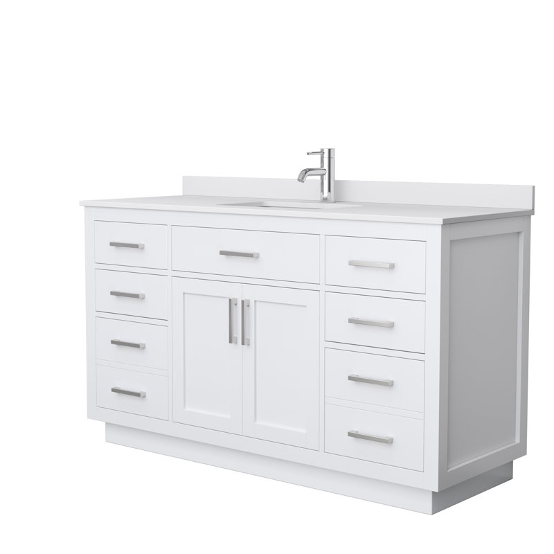 Beckett TK 60'' Free Standing Single Bathroom Vanity with Top, White Cultured Marble, White, Brushed Nickel