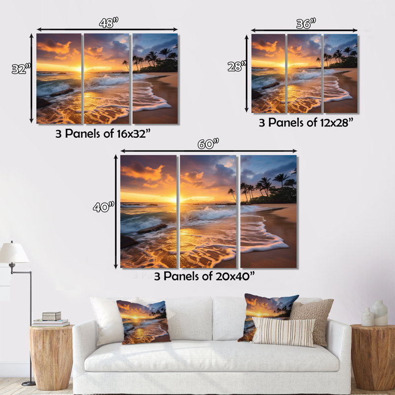 Plage, coucher de soleil, sérénade, impression sur toile tendue 3 pièces, H 32 po x l 48 po x P 1 po