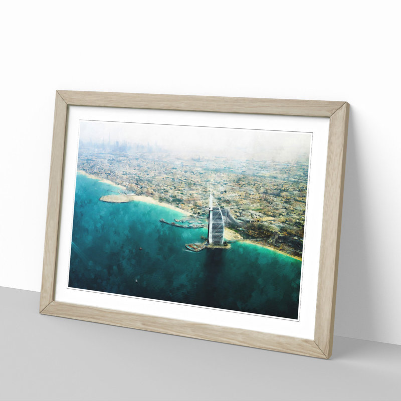 Burj Al Arab Hotel Dubai Skyline Painting 1 Piece Single Picture Frame Wall Art on MDF, 33cm H x 45cm W x 2cm D, Oak