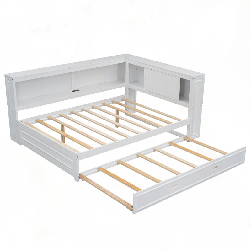 Full Size Wood Svein With Storage Shelves, USB, LED, And Trundle, White