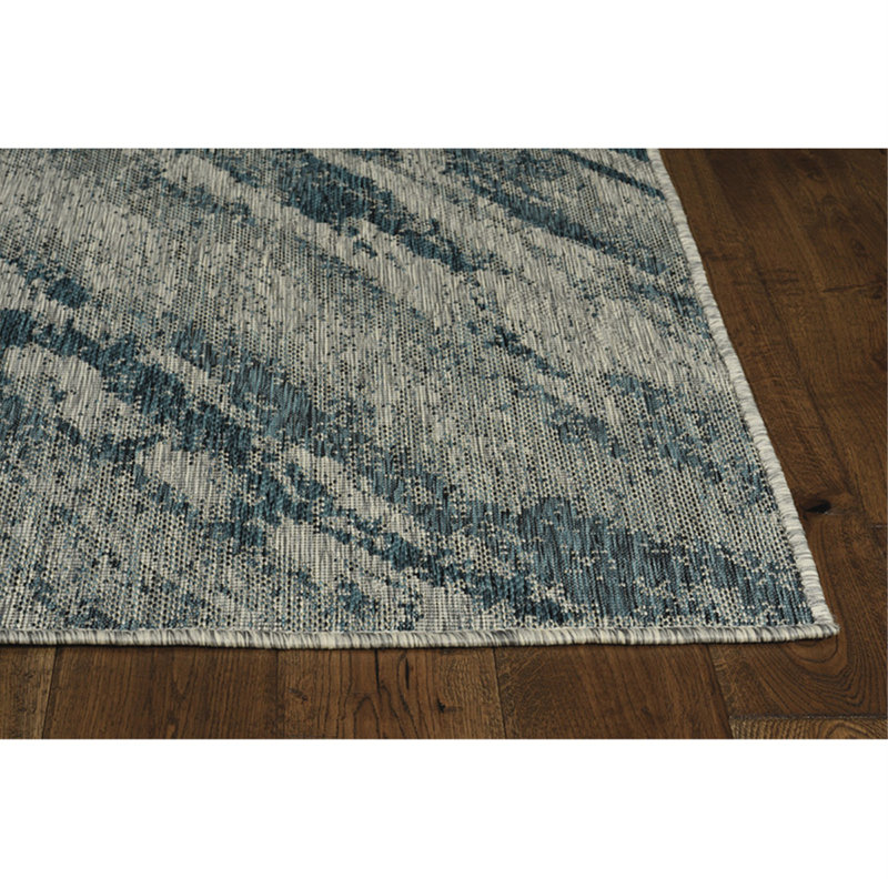Tapis intérieur / extérieur abstrait gris / bleu sarcelle Heda, Rond 7 pi 10 po