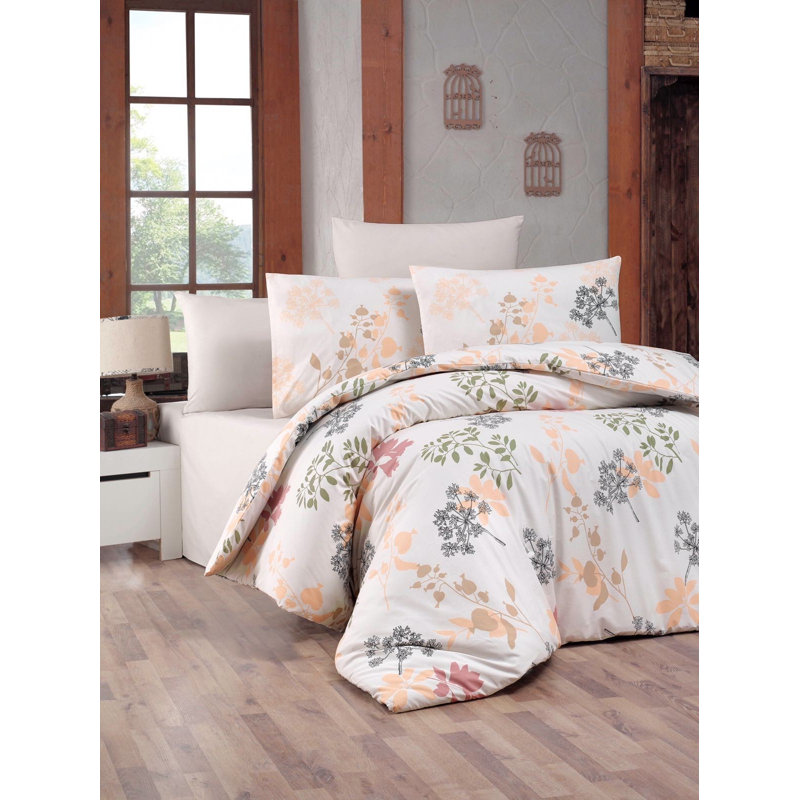 Ensemble de housse de couette 100% coton blanc / vert / saumon Mccord, Housse de couette simple + 1 taie d'oreiller 31 po