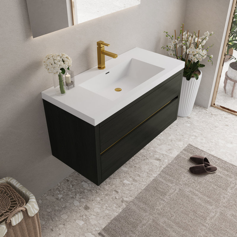 Meuble-lavabo de 107 cm avec lavabo et armoire suspendue, comptoir en résine de pierre, tiroirs à fermeture amortie, bois, préassemblé, lavabo nécessitant peu d'entretien, charnières à ouverture et fermeture en douceur et sécuritaires, fonctionnement silencieux