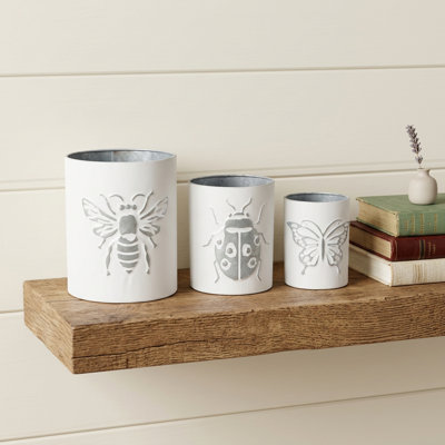 Set of Three White And Grey Metal 9 Ounce Abstract Round Distressed Pot Planters