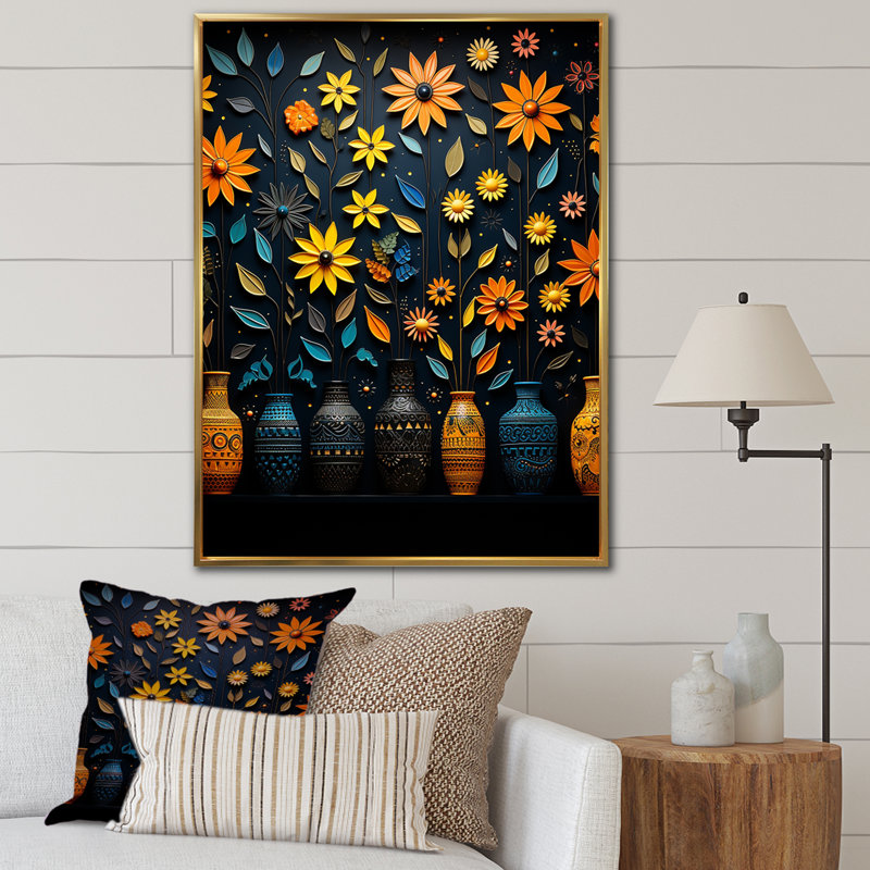 Impressions florales orange et bleues - art mural Boho, H 40 po x l 30 po x P 1,5 po, Cadre flottant doré