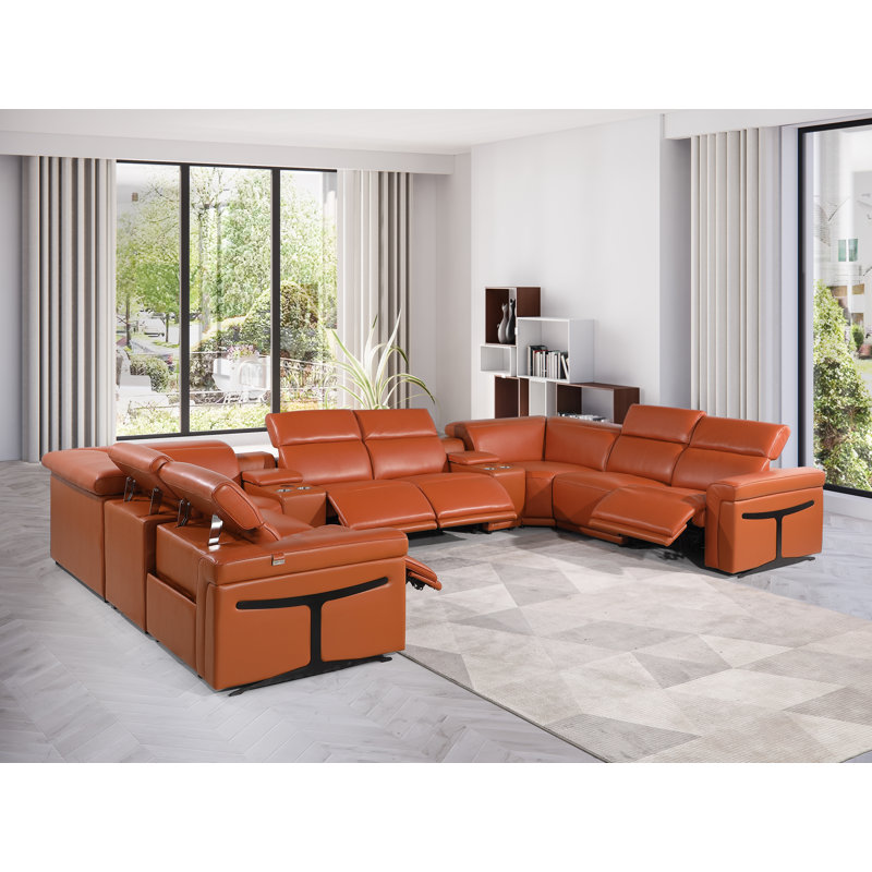Stanwinn 10 – Piece 4 Power Reclining Top Grain Italian Leather Sectional with Power Headrest, Camel Genuine Leather