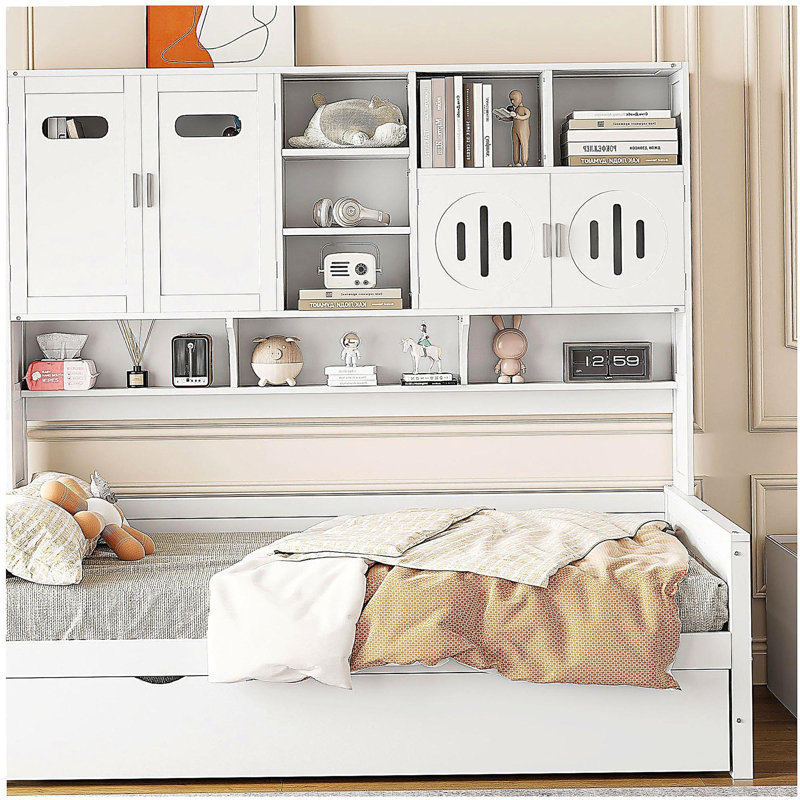 Lit japonais en bois avec lit simple et armoire de rangement intégrée, Lit simple, Blanc
