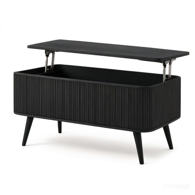 Table basse ovale Betty 100 cm (39,37 po) à plateau relevable cannelé avec rangement, en bois de noyer, avec 3 compartiments cachés, idéale pour le salon ou le bureau.