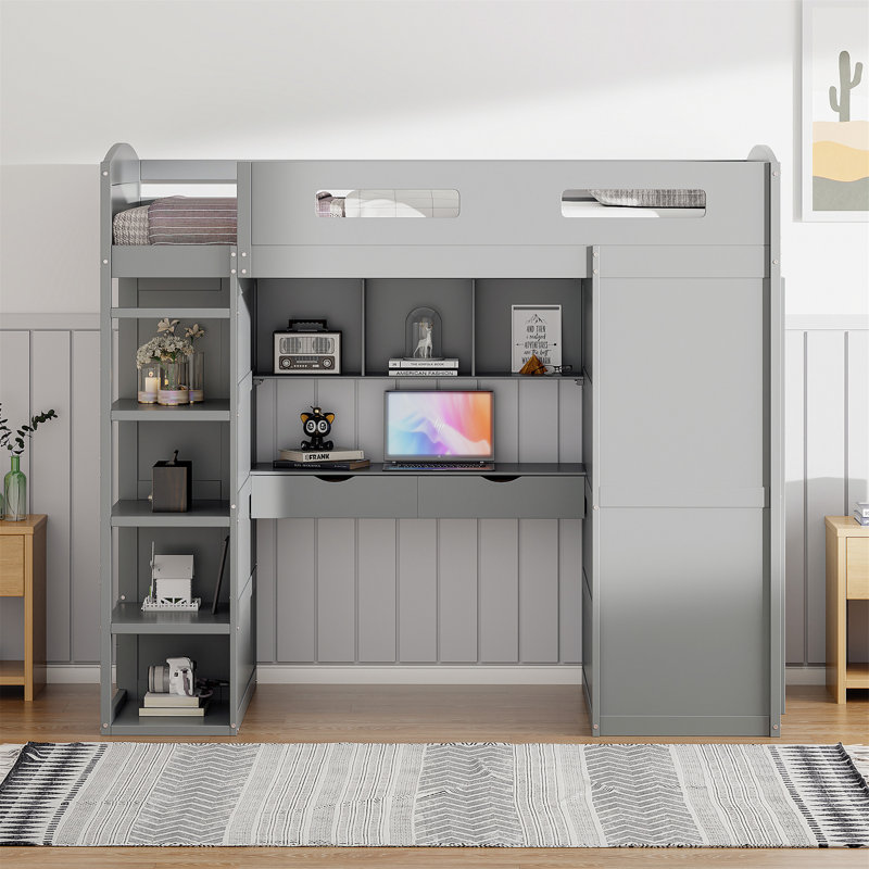 Loft Bed with Desk, Gray, Twin